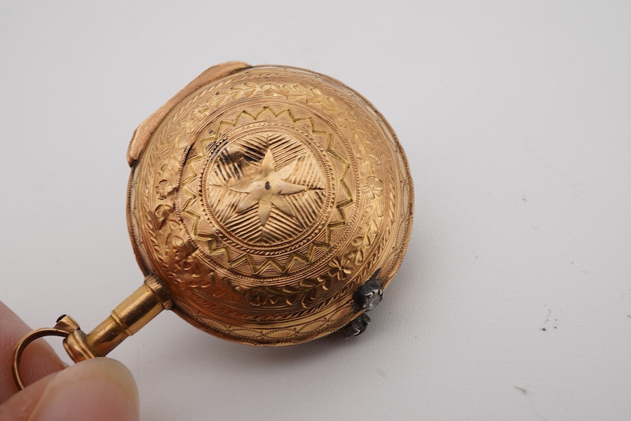 A 19th century French yellow metal fob watch by Lepine Du Roy of Paris, with diamond chip set border and Roman dial, case diameter 27mm, gross weight 22 grams.